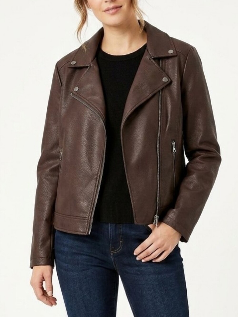 GEORGE Dark Espresso Brown Faux Leather Biker Moto Jacket Size Large L